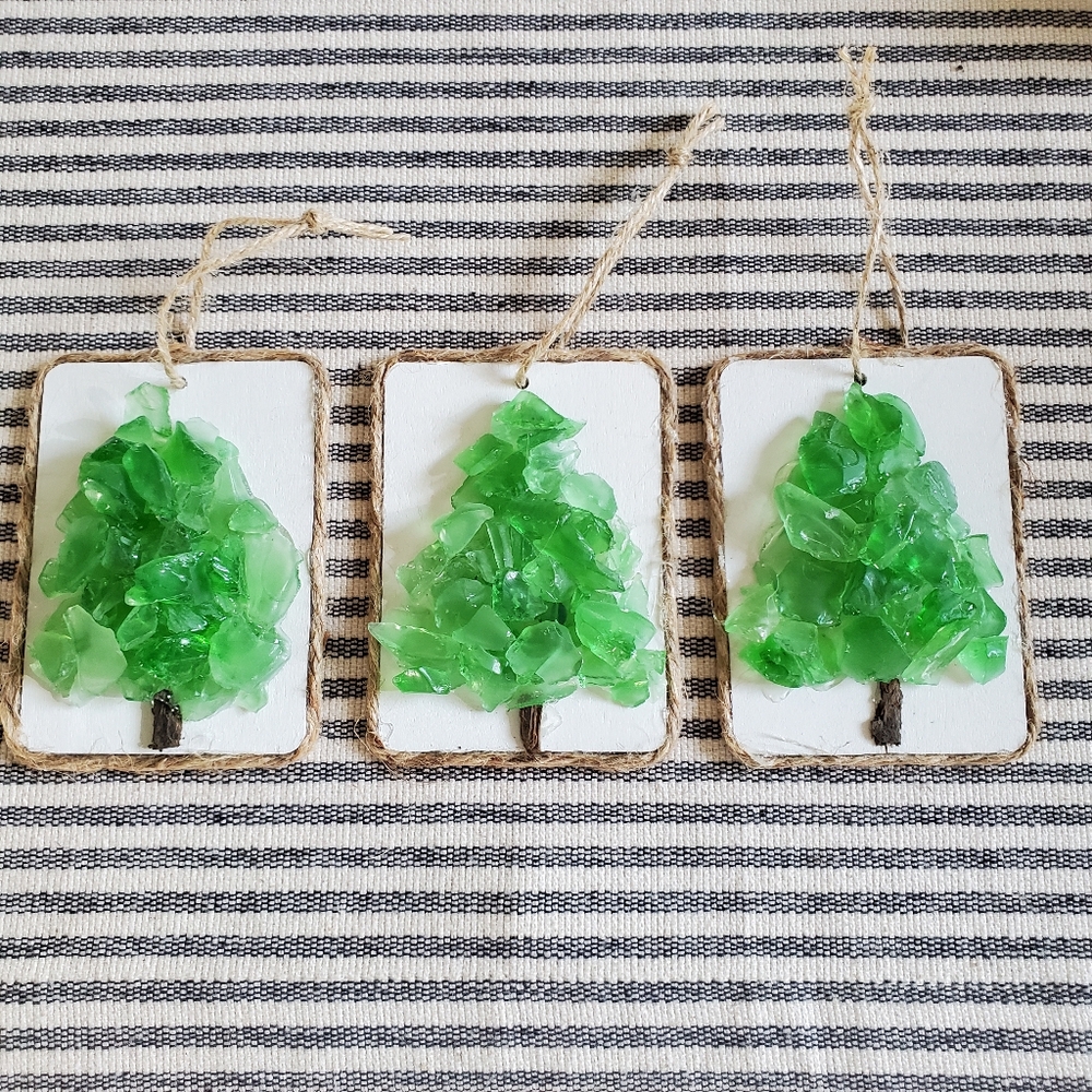 Green Glass on White Painted Wood Holiday Tree Ornaments Set of 3, 3.5" x 2.5"